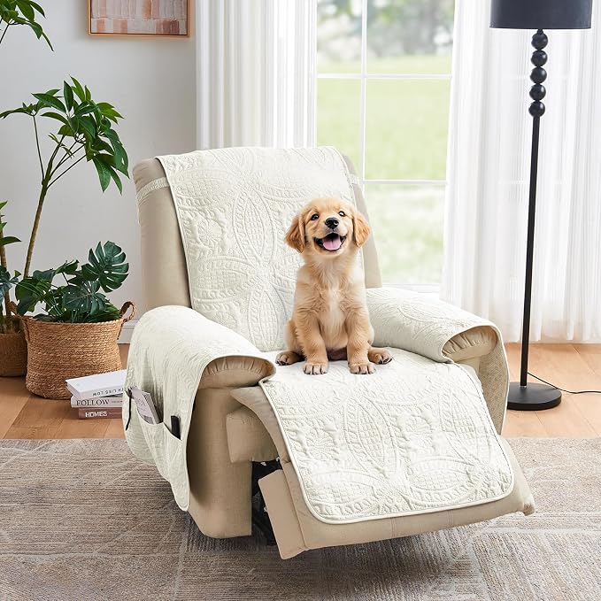 Large Ivory Recliner Chair Covers, Quilted Décor Water-Repellent Lazy Boy Chair by Pamhaven