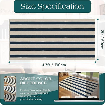 Front Door Mat Indoor Entrance, 2x4.3 Ft Blue and White Striped Rug | Washable - Image 2
