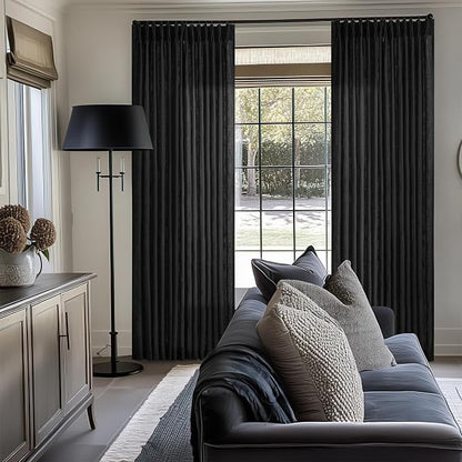 Black Pinch Pleated Linen Semi Sheer 84 Inch Curtains 2 Panels | Light Filtering - Image 7