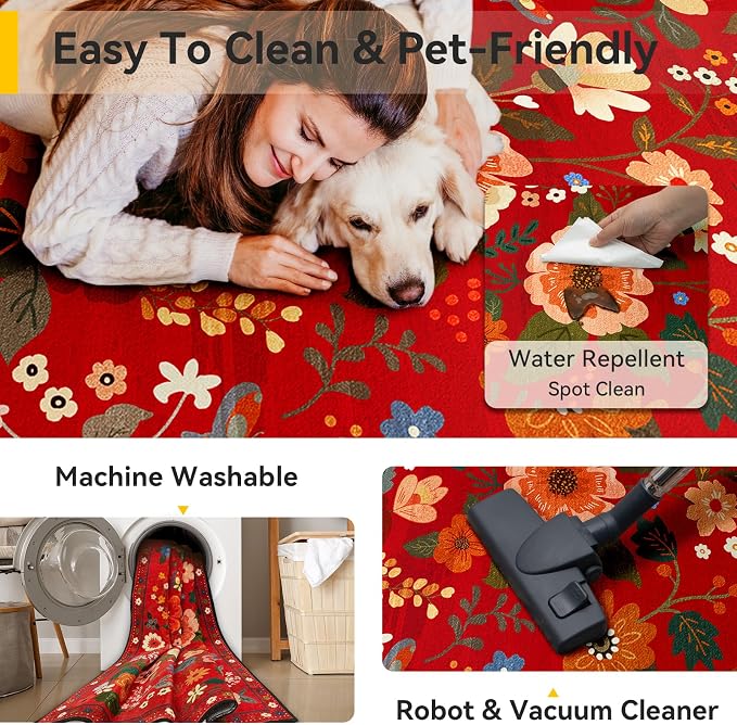 Floral Washable 5x7 Area Rugs Red/Orange | Flower Carpet Print Boho Cute Non - Image 4