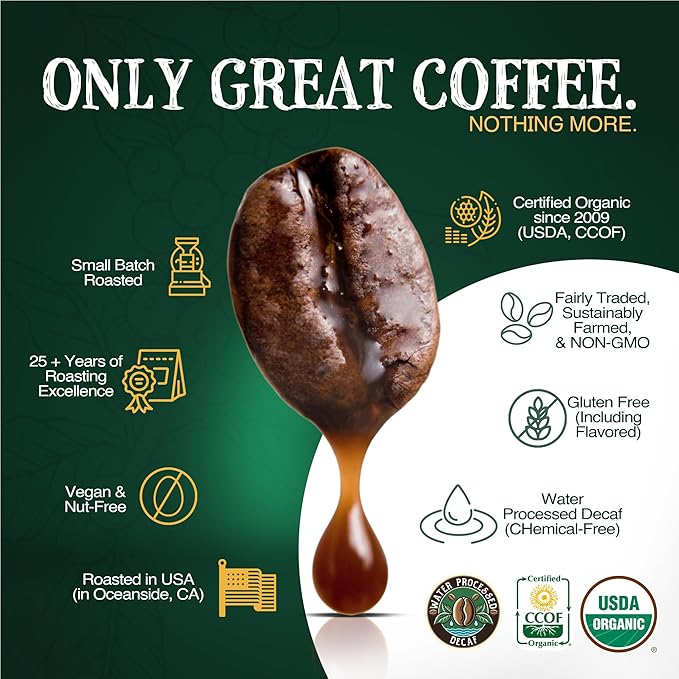 The Bean Organic Coffee Company Water Processed DECAF IL Chicco (Traditional Italian Roast), Dark Roast, Whole Bean Coffee, 16-Ounce Bag