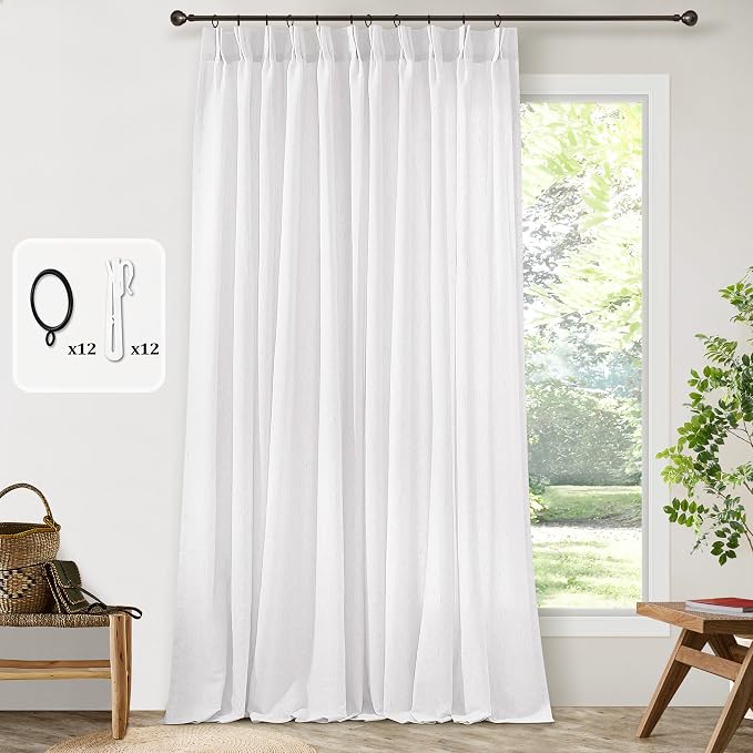 Pinch Pleat Extra Wide 72 x 108 Inch Linen Curtains White Semi Sheer | Light - Image 7