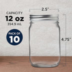 DISCOUNT PROMOS 10 Decorating Mason Jars Set, 12 oz. - Canning, Aluminum Lid - Clear