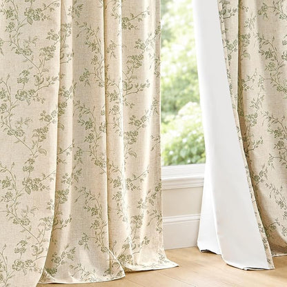 Blackout Vintage Floral Linen Curtains Green on Beige 50×96 2 Panels | Elisa - Image 9