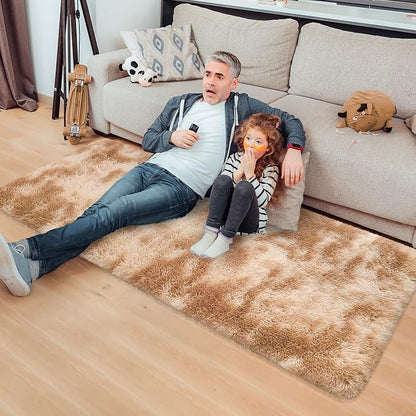 Super Soft Fluffy Living Room Area Rugs 2x5 ft Tie-Dyed Beige Shaggy Furry - Image 3