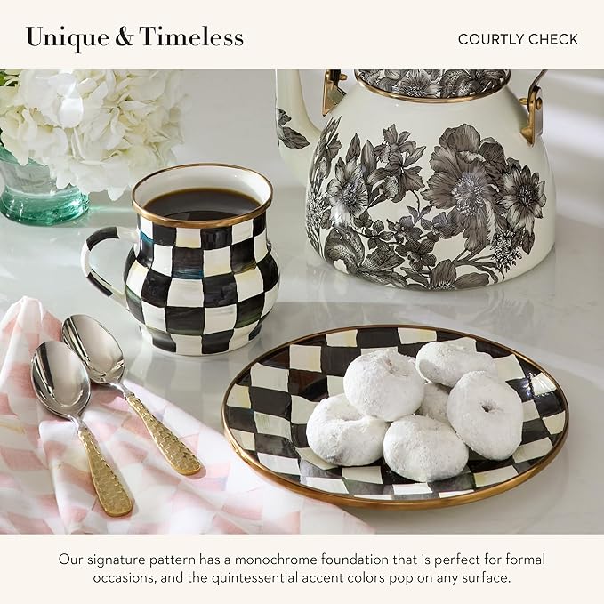 MACKENZIE-CHILDS Enamel Salad and Dessert Plate, Small Plate for a Dessert or Appetizer Dish, 8 Inches, Black-and-White Courtly Check