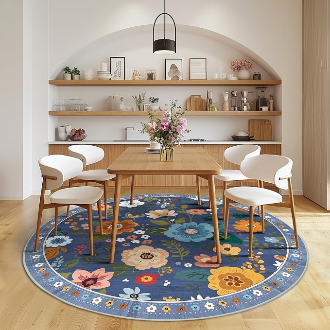 RELEANY Floral Washable Round 8ft Area Rug Blue/Grey | Flower Carpet Print Boho - Image 2