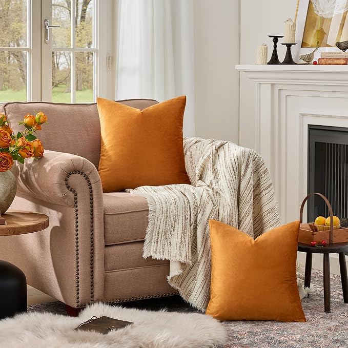 GIGIZAZA Orange Velvet Pillow Covers 22x22 Decorative Pillows Pack of 2 | Throw - Image 3