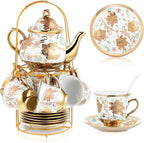 Zhehao 20 Pcs Porcelain Tea Set with Metal Holder and Spoon Adult Ceramic Tea Party Set European Flower Painting Teapot Cup Saucer Spoon Set for Women, Large Version(Elegant Style)
