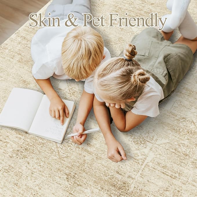 Soalmost 5x7 Area Rugs Beige/Ivory Washable Trendy Faded Style Floral Rugs | - Image 4