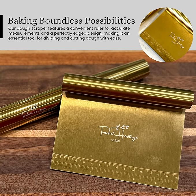 French Rolling Pin and Dough Scraper Set | Gold Bench Scraper Tool | Rolling Pin For Dough | Bread Making Accessories | Metal Bread Dough Cutter | Sourdough Scraper | Rolling Pin for Baking, small