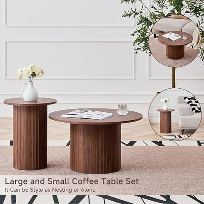 Round Nesting Coffee Table Set of 2 Mid Century Modern Wood Round Coffee Tables - Image 6