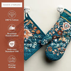 Maison d' Hermine 100% Cotton Oven Mitt & Pot Holder Set (7.5"x13" & 8"x8") Heat Resistant BBQ Cooking Gloves with Loop, Baking, Grilling, Kitchen, Handling Hot Pans (Luxury Loft-Dark Teal)