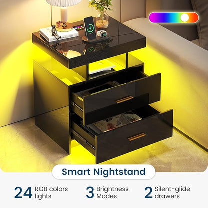 HNEBC Nightstand Set of 2 with Charging Station, Auto LED Night Stand with - Image 3
