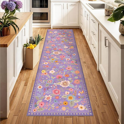Floral Washable 2x10 Area Rugs Runner Entryway Hallway Purple/Pink | Flower - Image 2