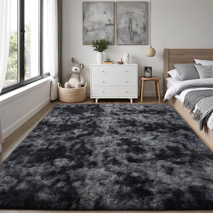 PLHXFR 5x7 Area Rugs Living Room: Fluffy Bedroom Soft Shag Rug Black Grey | - Image 2