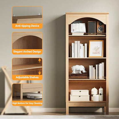 Arched Bookshelf with 4 Tier Open Shelves, Study and Living Room, Natural Oak - Image 5