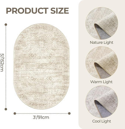 3x5 Oval Rug for Bedroom, Washable Area Rug, Living Room, Neutral Rug, Stain - Image 2