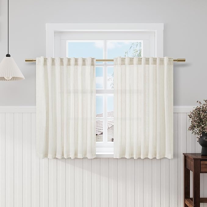 Cream Cafe Curtains 48 Inch Length Set 2 Panel Back Tab Pocket Semi Sheer Short by Nanspring
