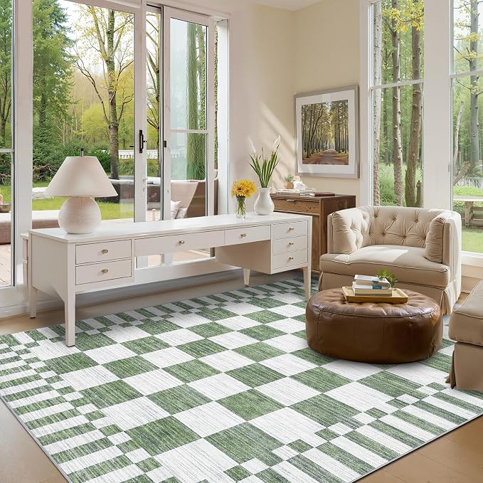 GarveeHome Green Checkered Rug 6x9 Area Rugs Living Room Checkerboard Rug | - Image 3