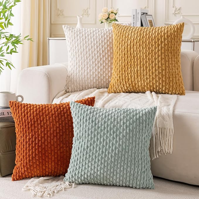 Set of 4 Yellow Rust Aqua Decorative Throw Pillow Covers 18x18 Inch Corduroy by Cozoomy