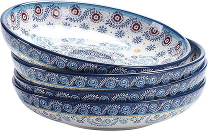 Bico Blue Talavera Pasta Bowls, 35oz Salad Bowl Set of 4, Large Ceramic Serving Dinner Bowls for Soup and Cereal, Microwave and Dishwasher Safe, Gift for Housewarming and Thanksgiving