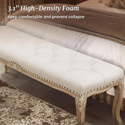 Cozyman Bedroom Bench, French Vintage Entryway Bench 52.5" Carving Upholstered - Image 5