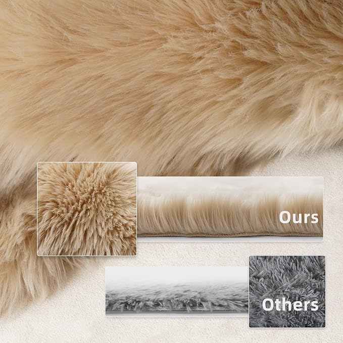 SERISSA 5x5 Fluffy Beige Round Faux Fur Area Rug - Image 3