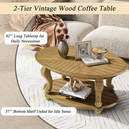 Oval Wood Coffee Table for Living Room, 2-Tier Solid Wood Coffee Table - Image 6