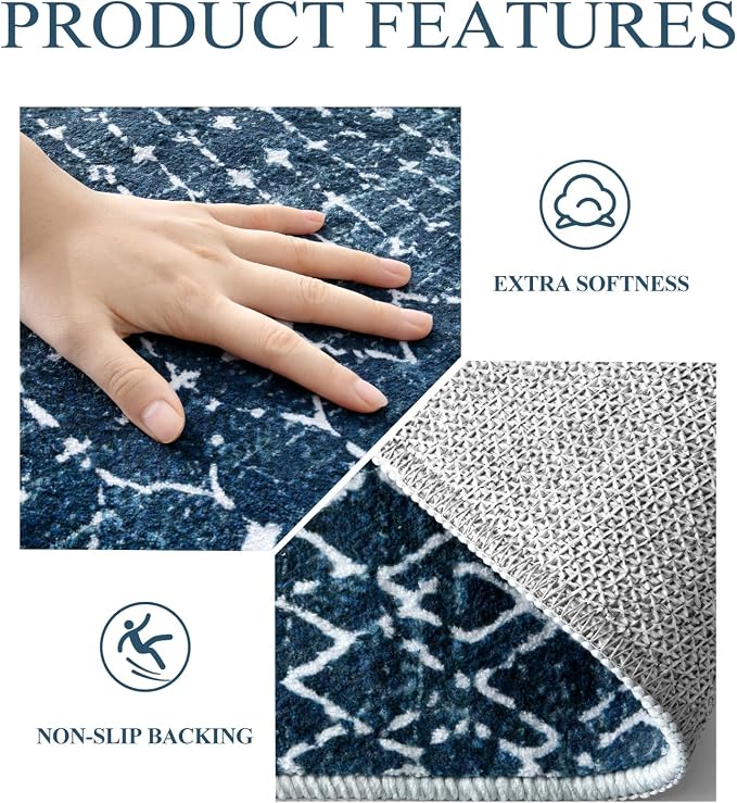 Lahome Moroccan 2x5 Washable Blue Runner Rug, Non-Slip Low-Pile Stain Resistant - Image 5
