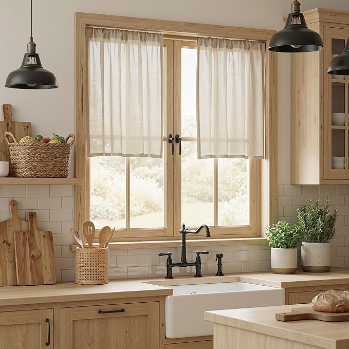 MYSKY HOME Kitchen Semi Sheer Oatmeal Curtains 24 Inch Long, Light Filtering - Image 2