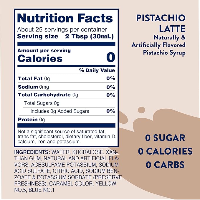 Jordan's Skinny Syrups Sugar Free Coffee Syrup, Pistachio Flavor Drink Mix, Zero Calorie Flavoring for Chai Latte, Protein Shake, Food & More, Gluten Free, Keto Friendly, 25.4 Fl Oz, 1 Pack
