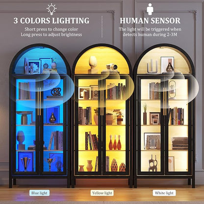 HWB Display Curio Cabinet with Glass Doors, Arched Bookcase 5-Tier Tall Storage - Image 3