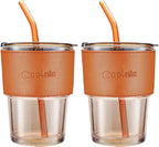 Iced Coffee Cup, 15Oz/450ml Glass Cups With Lids And Straws, Iced Coffee Glasses Tumbler, Thick Wall Glass Mug For Tea Water With 2 Straw And Leather Sleeve, Xmas Gifts (Amber 2PCS)