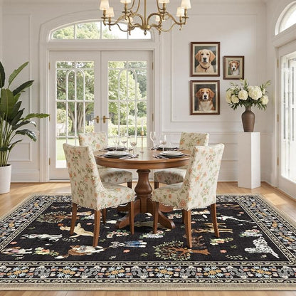 Black Floral Area Rug 9x12 for Living Room Bedroom | Low Pile; Non Slip;Machine - Image 5