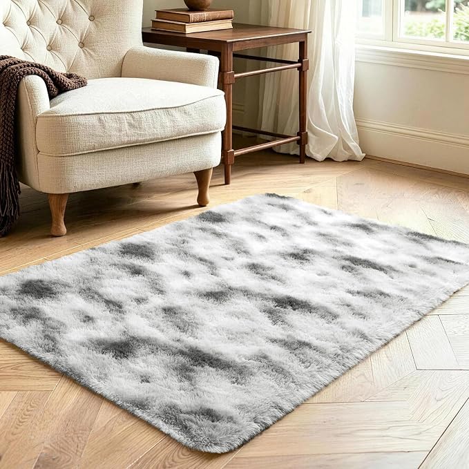 2x3 Tie-Dyed Grey and White Fluffy Area Rug Non-Slip - Image 3