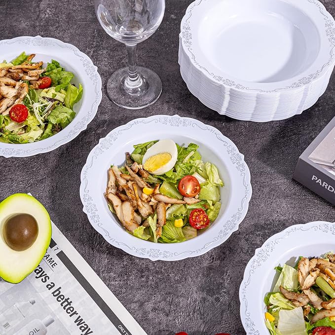 DaYammi 50 Pack Plastic Bowls with Silver Rim, 12oz Disposable Soup Bowls, Heavy Duty Dinner Bowls for Weddings, Parties, Dinners, Catering and Everyday Use