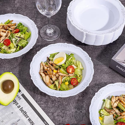 DaYammi 50 Pack Plastic Bowls with Silver Rim, 12oz Disposable Soup Bowls, Heavy Duty Dinner Bowls for Weddings, Parties, Dinners, Catering and Everyday Use