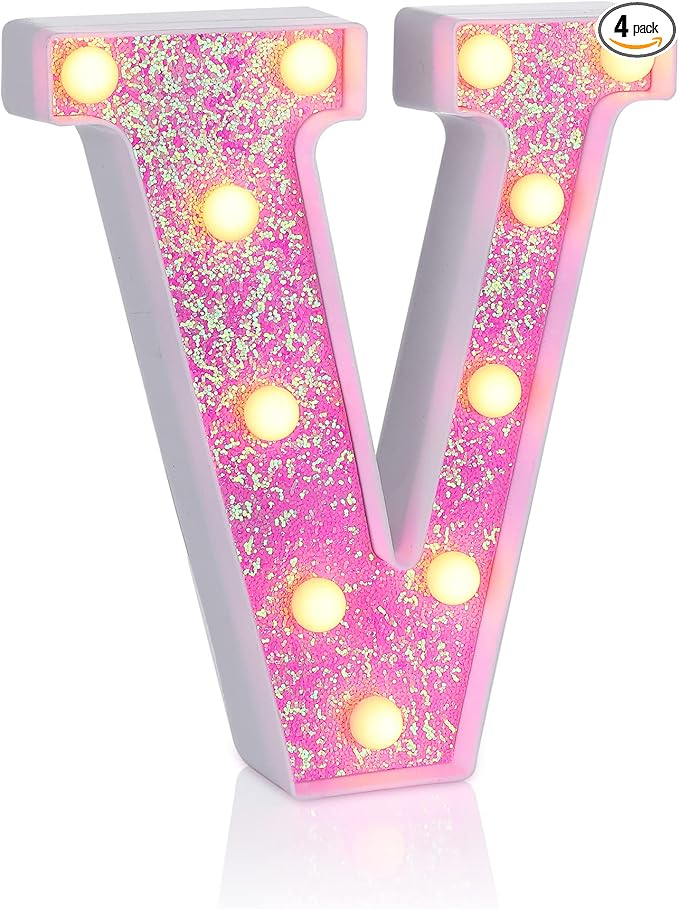 Foaky Pink Light up Letters，Pink Party Decorations,Girls Room Decor,Glitter Light Up Letters,Alphabet Letter Sign for Night Light Birthday Party Girls Gifts, Home Bar Decoration（V）
