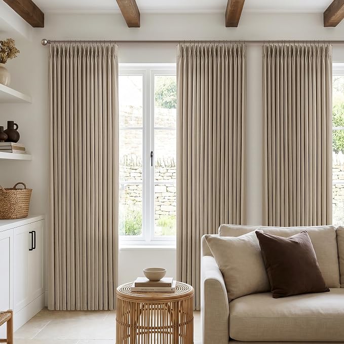 Linen Grey Beige Camel Pleated Light Filtering Curtains 120 Inch Long 50W | by Twodrapes