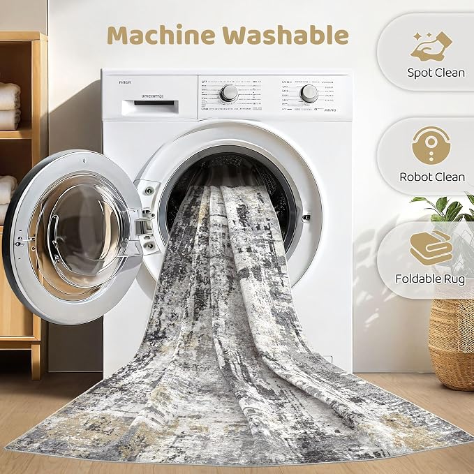 LOONGRUG 7x9 Area Rug Washable Large Neutral Modern Living Room Rugs | Abstract - Image 2