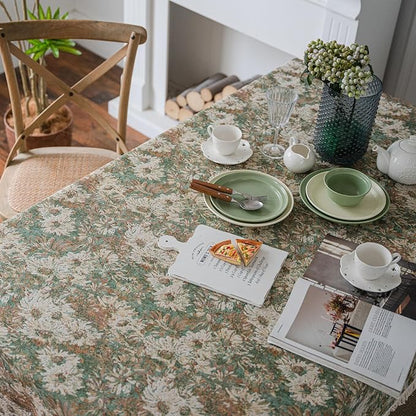 VClife Aesthetic Green and Beige Floral Table Cloth, Linen Texture Table Cloth - Image 8