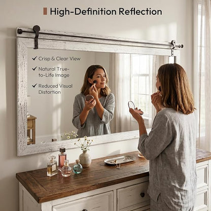 27"x49" Large Whitewashed Barn Door Wall Mirror, Horizontal Solid Wood Framed - Image 5