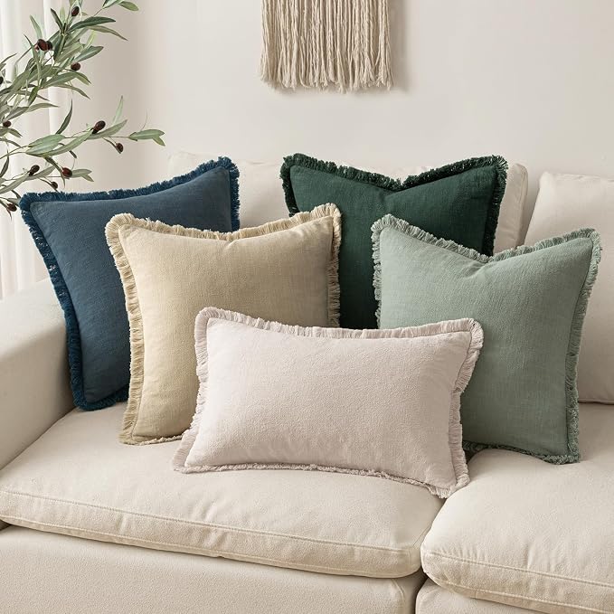 MIULEE Boho Linen Fringe Decorative Throw Pillow Covers Navy Blue 20x20 | Set - Image 6