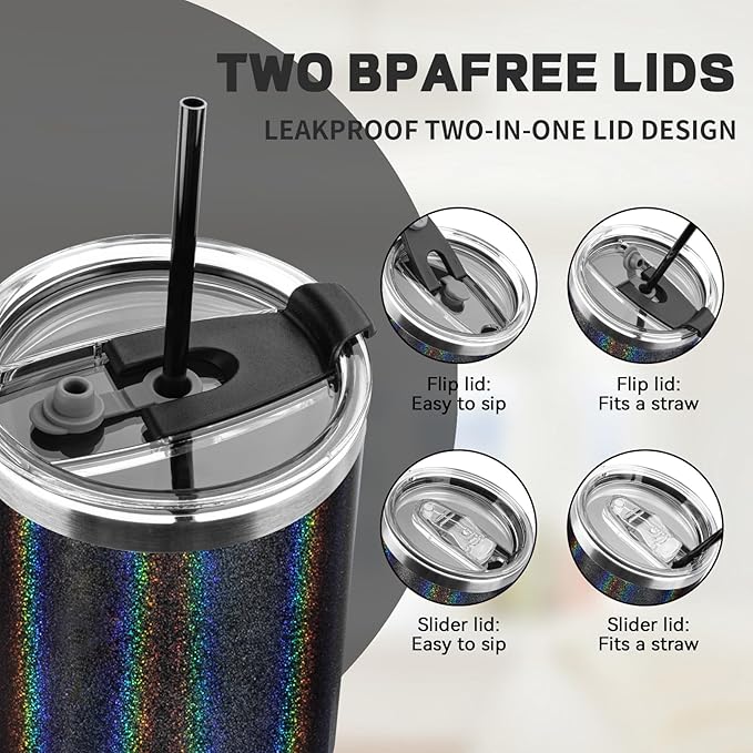 30 oz Tumbler with Lids and Straws, Stainless Steel Insulated Coffee Tumbler, Double Wall Vacuum Insulated Travel Mug Cup, Leakproof Thermal Coffee Cup for Hot and Cold Drinks (Glitter Black)