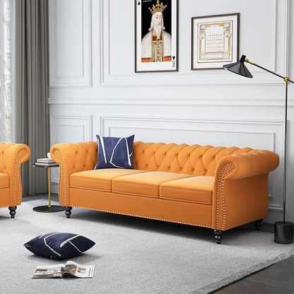 ORRD 2 Piece Living Room Set, Velvet Chesterfield Sofa Couch Chair - Image 4