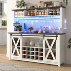 63"W Farmhouse Coffee Bar Cabinet with LED Light,Wine Bar Cabinet w/ 4 Tier Storage Hutch,Kitchen Buffet Cabinet w/Sliding Barn Door & 15 Wine and Glass Racks for Kitchen Dining Room(Antique White)