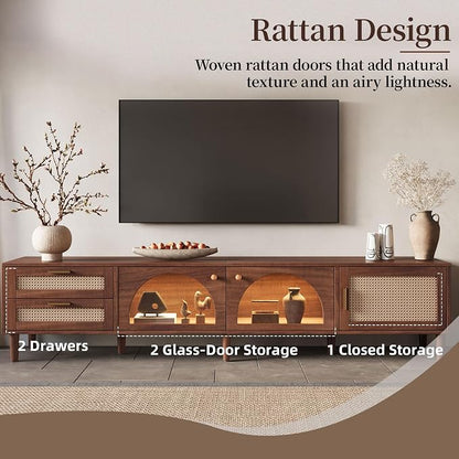 Merax Rattan TV Stand with LED Lights, Solid Wood Feet, Living Room, Bedroom - Image 4