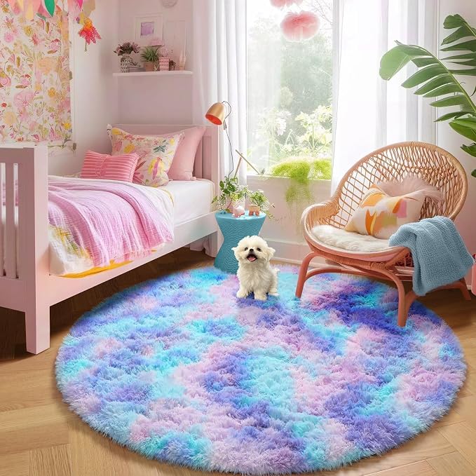Amdrebio Purple Rainbow Mermaid Shag Round Rug 4Ft - Image 8