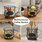 YINMIT K Cup Holder Organizer, Rustic Coffee Pod Holder Organizer, 35 Kcup Holder for Counter with Handle，Large Capacity Black Wire Coffee Capsule Basket for Kitchen Office Desktop (Circular Grid)